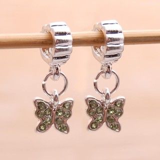 Bleek2Sheek Silvertone Green Rhinestone Butterfly Charm Beads (Set of