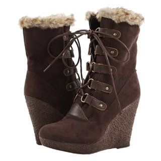 Jayma03 Lace Up Fur Trim Wedge Ankle Boots BROWN Shoes