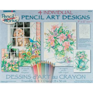 Pencil By Number Kit Set of 4 Cat, Dog, Floral