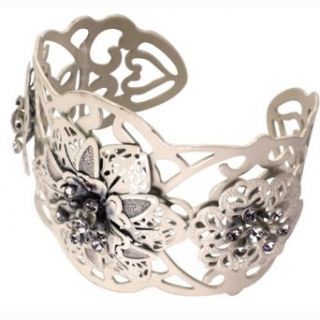 Flower Cuff Bracelet Bejeweled Metal Ivory Wide Clothing