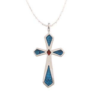 Southwest Moon Cross Turquoise and Coral Inlay Liquid Metal 16 inch