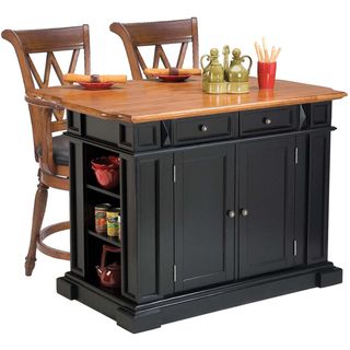 Home Styles Black/ Oak Kitchen Island and Two Deluxe Bar Stools