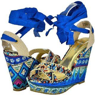 Bamboo Booster 07 Blue Women Wedge Sandals, 6 M US Shoes