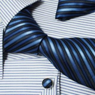 Blue Black Stripes Woven Silk Tie Hanky Mens Necktie