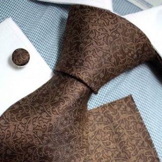 Brown Paisley Woven Silk Tie Hanky Cufflinks Present Box