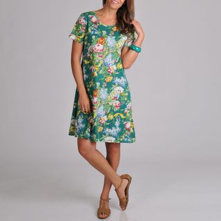 La Cera Womens Short sleeve Teal Floral print Knit Short Dress
