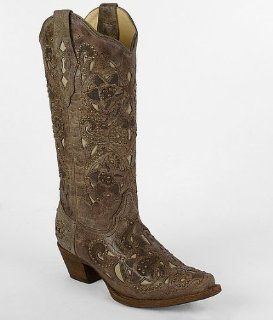 Corral Cut Out Cowboy Boot Brown Crater Bone Inlay Shoes