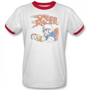 Speed Racer Distrerssed White with Red Ringers Adult T