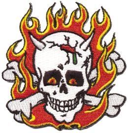 Artist Kozik Flaming Skull & Crossbones Embroidered iron