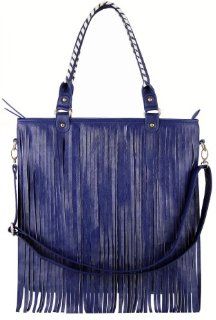  Womens Blue Fashion Fringe Tassles Tote Handbag KCMODE Shoes