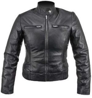 Womens Collarless Waist Length Black Leather Jacket   Size