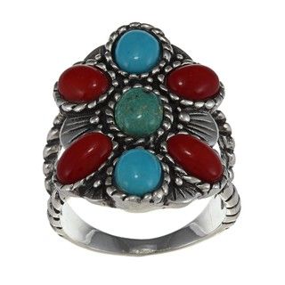 Southwest Moon Sterling Silver Coral and Turquoise Roped Flower Ring