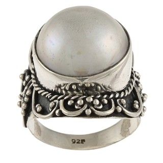 Lily B Silver Round Mabe Pearl Rope and Swirl Design Ring (15 mm