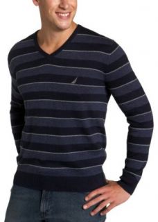 Nautica Mens Striped V Neck Cashmere Sweater, Navy, Large
