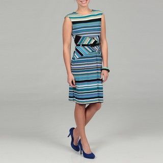 Scarlett Womens Turquoise Striped Belted Dress