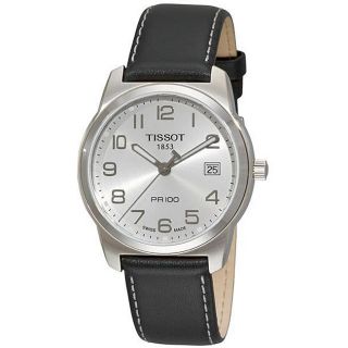 Tissot Mens T Classic PR 100 Silver Dial Black Leather Strap Watch