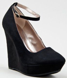 Black Suede Pointy Toe Ankle Strap Wedges Size 10.0 (Pulse02) Shoes