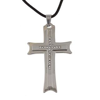 Stainless Steel Mens Clear Cubic Zirconia Double layer Cross Necklace