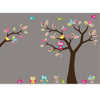 Nursery Wall Art Girls Leaf Tree Decal Set with Birds, Owls and