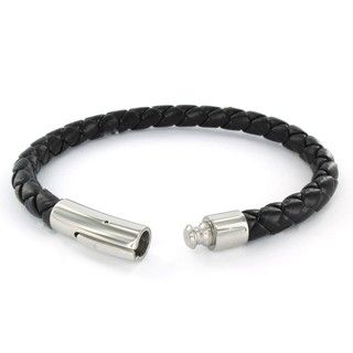 Black Imitation leather and Stainless Steel Braided Bracelet