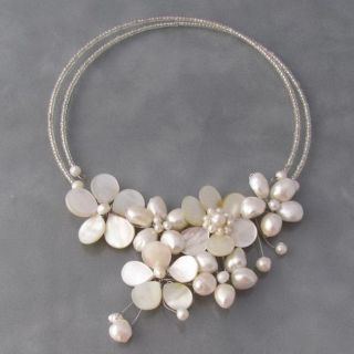 Memory Wire White Pearl Cluster Flower Choker (Thailand)