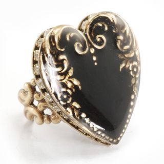 Sweet Romance Crystal and Black Enamel Heart Vintage Ring