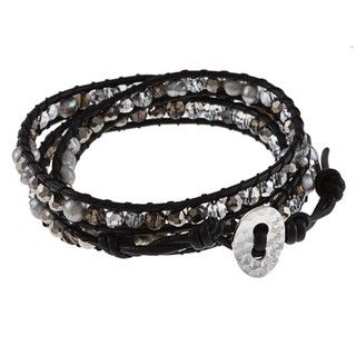 Black Leather Grey FW Pearl and Glass Wrap Bracelet (4 mm)