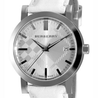 Burberry Womens Engraved Check White Leather Strap Watch