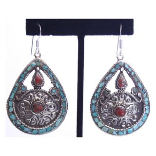 Brass and Sterling Silver Turquoise Teardrop Earrings (Nepal
