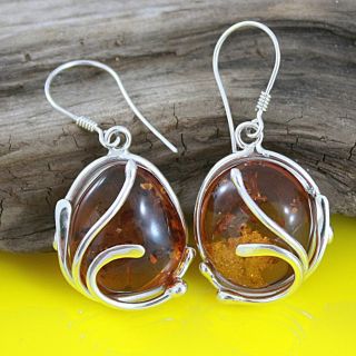 Sterling Silver Caged Oval Honey Amber Dangle Earrings (Lithuania