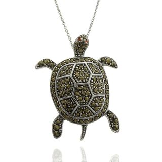 Silver Overlay Marcasite and Cubic Zirconia Turtle Necklace