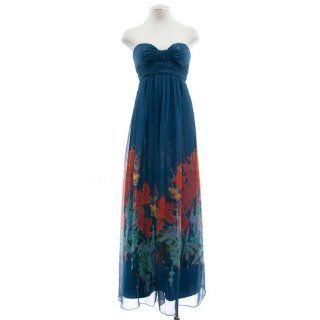 Aqua Teal Blue Chiffon Floral Border Print Strapless Gown Dress