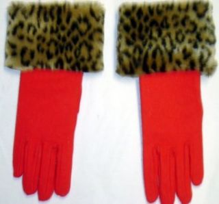 Red Wool Jersey Gloves Hand Trimmed with Fluffy Leopard