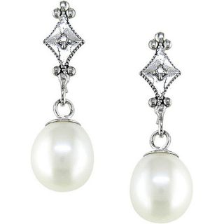 Miadora 10k White Gold FW Pearl and Diamond Accent Drop Earrings (6.5