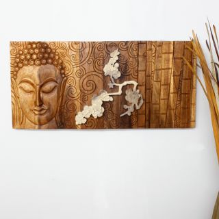Golden Oak Oil Rubbed Wood Silent Buddha in Bamboo Flower Carved