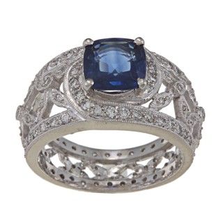 Platinum Sapphire and 1 1/2ct TDW Diamond Estate Cocktail Ring (I J