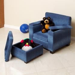 Blue Denim Fabric Kids Club Chair and Ottoman Set