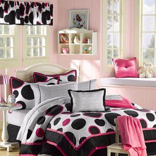 Black & Hot Pink Polka Dots Teen Girls Twin Comforter Set