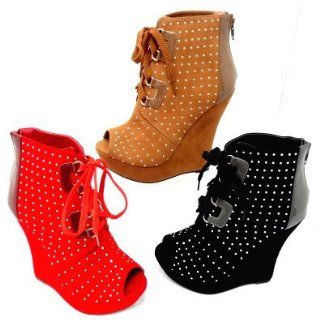 Wedge Tall Booties Boots Stud High Heel Peep Toe Lace Up Women Shoes