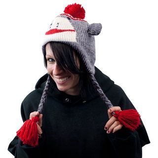 Adult Size Gray Sock Monkey Knit Hat with Poly Fleece Lining