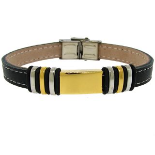 Tri color Stainless Steel and Black Leather Mens Bracelet