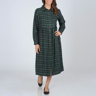 La Cera Womens Green Plaid Flannel Button front Dress