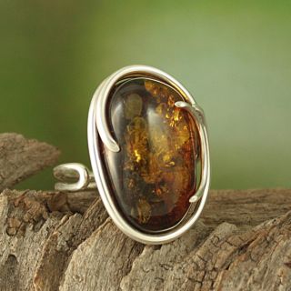 Sterling Silver Freeform Cognac Baltic Amber Ring (Lithuania