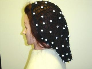 S153bw, Hand Crocheted Black Large Hair Snood with White