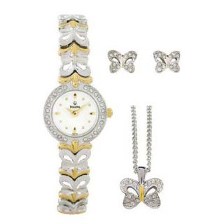 Bulova Womens Crystal Two tone Steel Watch and Jewelry Set