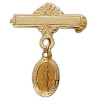 14K Yellow Gold Bar Pin with Miraculous Medal Jewelry