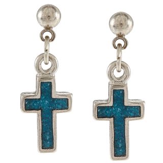 Southwest Moon Stainless Steel Turquoise Inlay Cross Dangle Earrings