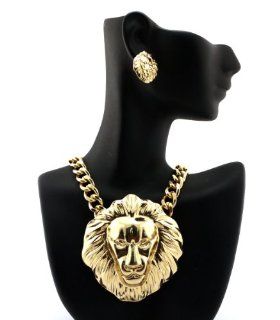 New Gold Lion Head Pendant w/10mm 16 Link Chain Necklace