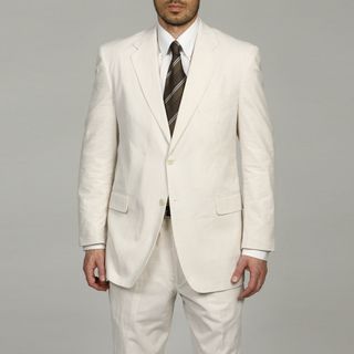 Adolfo Mens Tan/ White Seersucker Suit