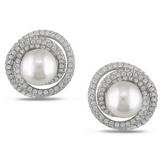 Miadora 18k White Gold 4ct TDW Diamond and Pearl Earrings (11 12 mm)(G